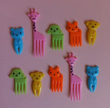 Load image into Gallery viewer, 10 small animal forks for kids lunch boxes. Bright colours, various animals
