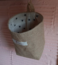 Load image into Gallery viewer, Hanging Hessian Storage Pouch with Star Patterned Linen Fabric
