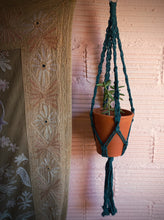 Load image into Gallery viewer, Dark green macrame hanger with four strands and bottom single tassel
