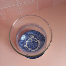 Load image into Gallery viewer, Hurricane lamp on vintage blue saucer
