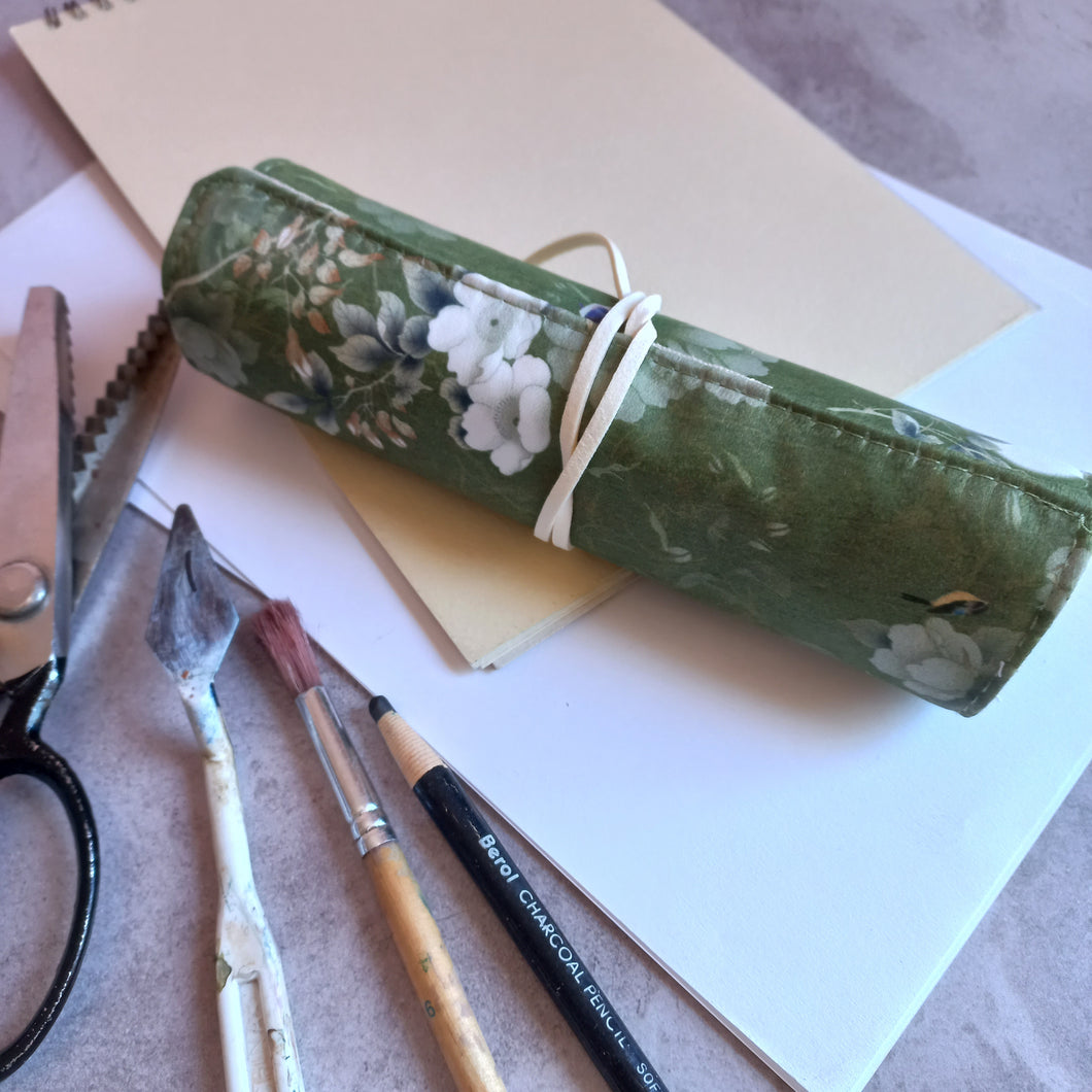 Green Floral Roll-Up Pencil Pouch
