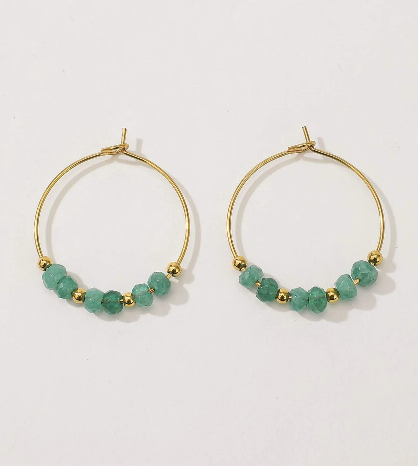 Green beaded gold hoop earrings
