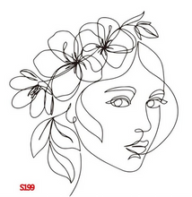 Load image into Gallery viewer, Line art sticker of ladies face with flowers in her hair
