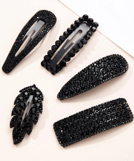Black rhinestone set of five glamorous hair clips