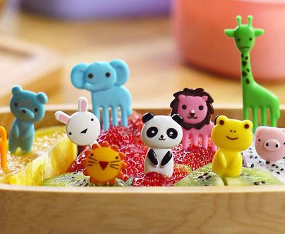 10 small animal forks for kids lunch boxes. Bright colours, various animals