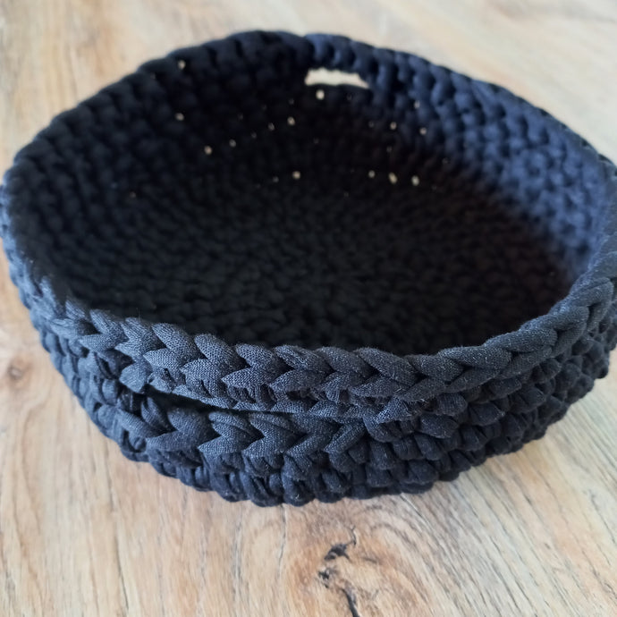 round black crochet basket